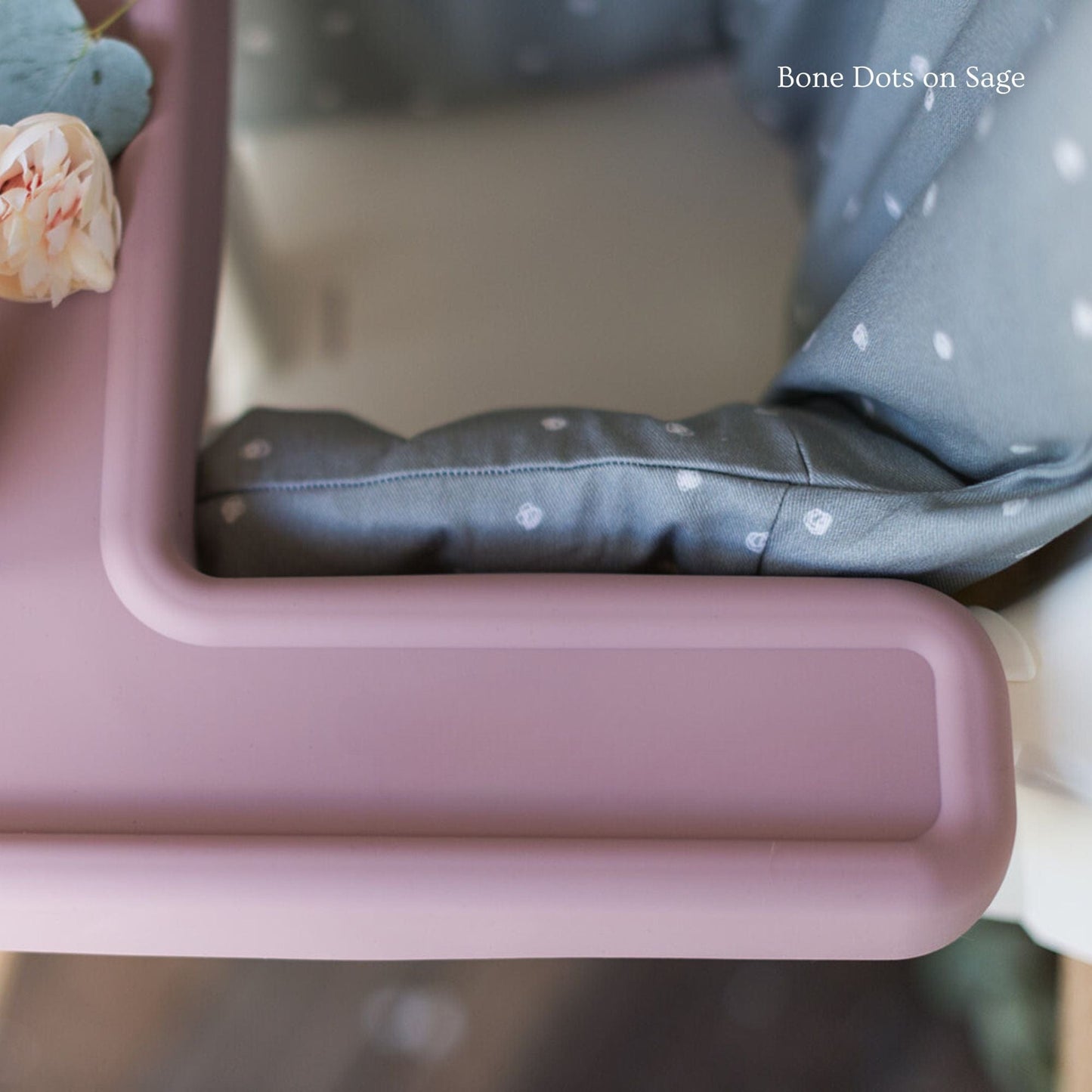 Close up of IKEA Highchair Cushion Cover in Bone Dots on Sage Print