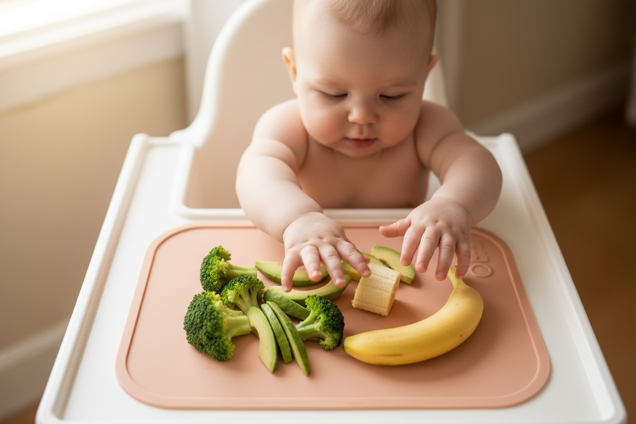 Baby self-feeding in an IKEA Antilop highchair during weaning