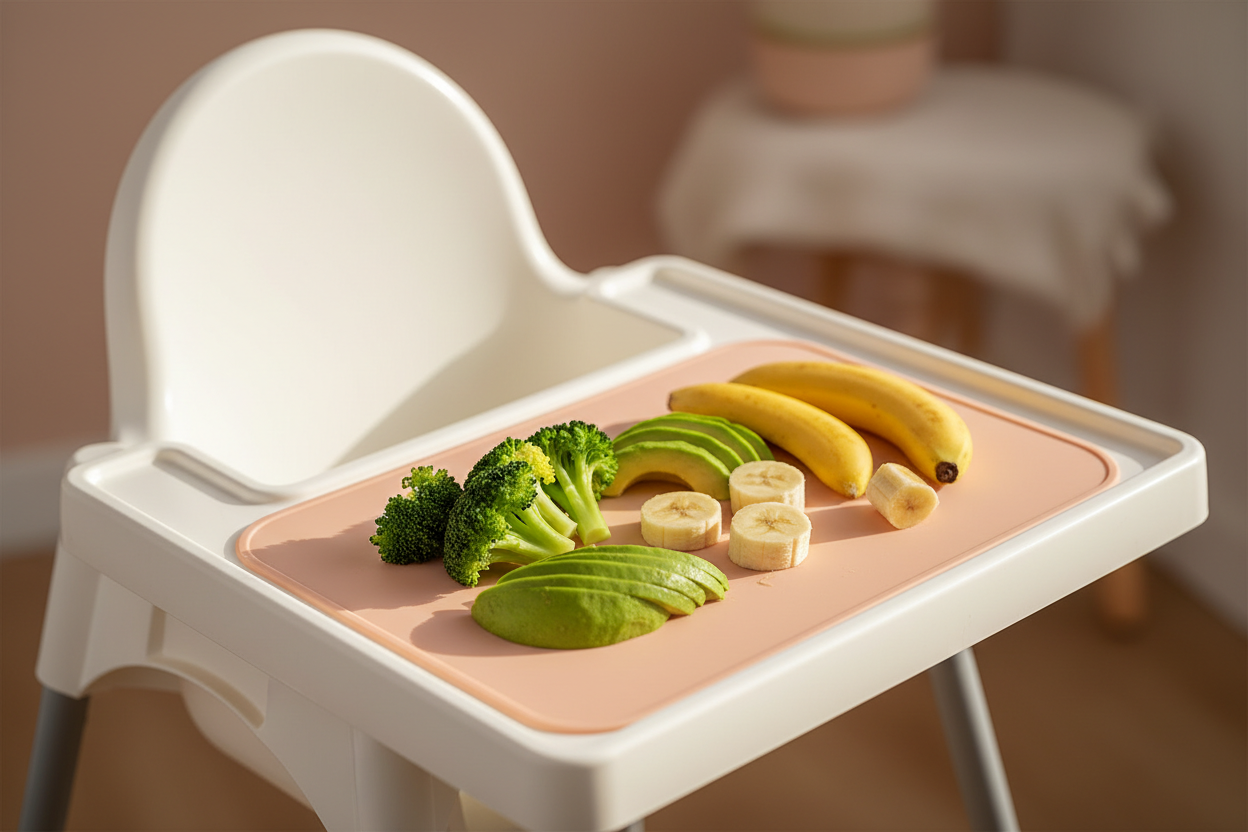 Highchair mealtime setup with colorful finger foods, illustrating safe eating practices